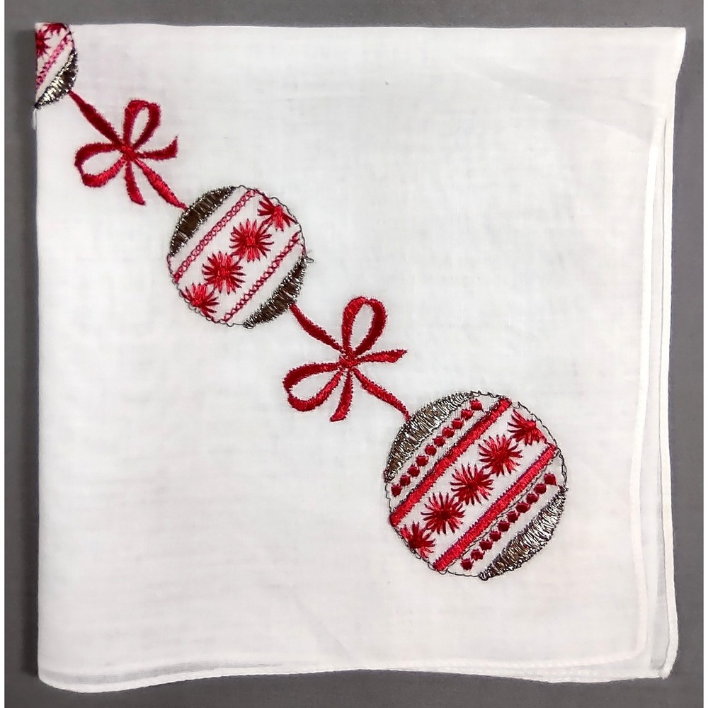 Vtg 14.75x15 White Handkerchief Red Silver Christmas Ornament Embroidery Bows